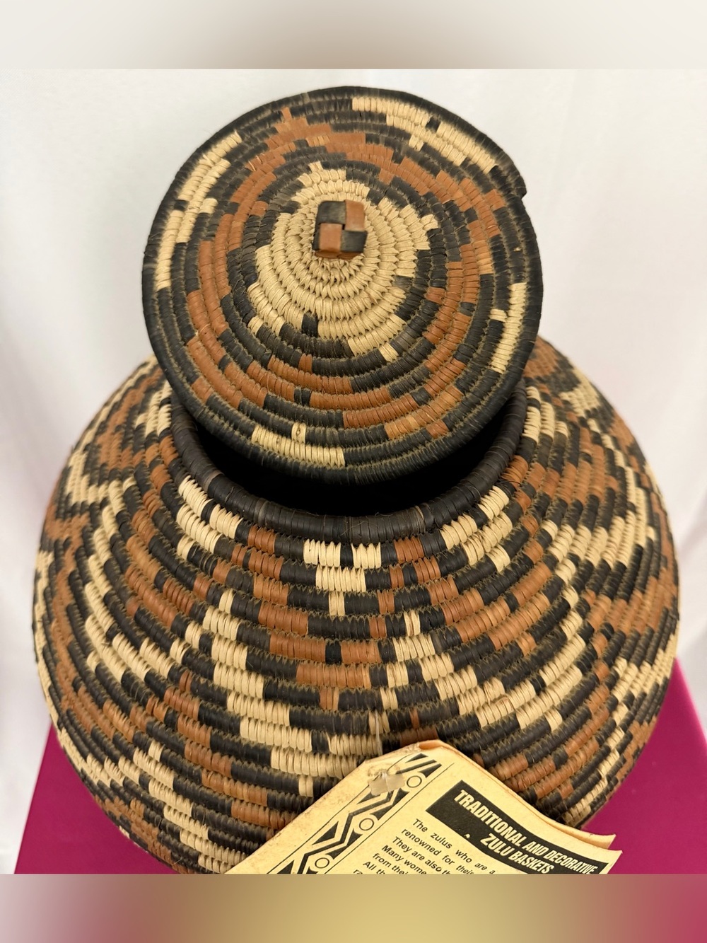 Zulu 11” Vintage Handwoven Lidded Storage Basket in Dark Brown, Caramel & Cream - Picture 7 of 9